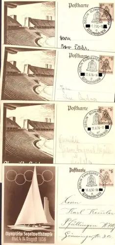 E 1702 Olympiade 1936 4 Ganzsachen mit unterschiedlichen Sonderstempeln Sport
