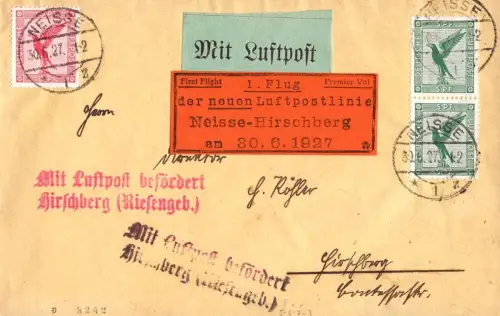 E 1806 Oberschlesien, Schlesien Erstflug von Neisse nach Hirschberg 30.6.1927