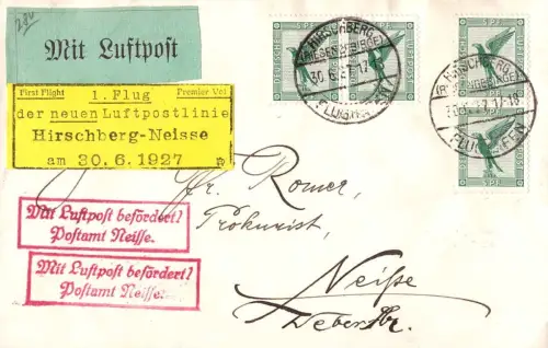 E 1807 Oberschlesien, Schlesien Erstflug von  Hirschberg nach Neisse 30.6.1927