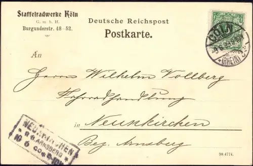 E 1772 seltene Geschäftskarte der Staffelrad Werke Köln, Fahrrad