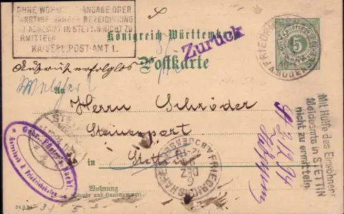 E 1773 Ganzsache, 1894, aus Friedrichshafen nach Stettin, Pommerm und Retour