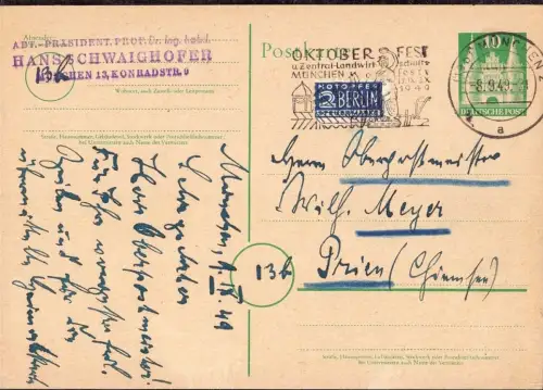 E 1723 Karte mit Autogramm von Hans Schwaighofer an den Oberpostmeister in Prien