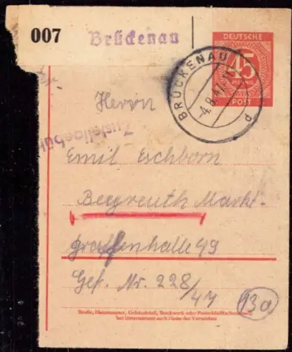 E 1568 Ganzsache P 955 Stammteil  einer Notpaketkarte aus Bad Bückenau Geprüft