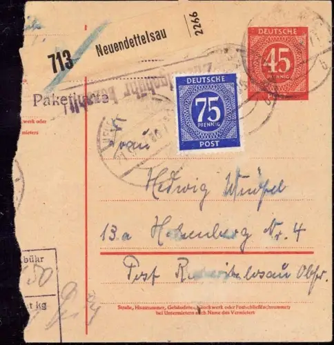 E 1570 Ganzsache P 955 I Stammteil  einer Notpaketkarte aus Neuendettelsau