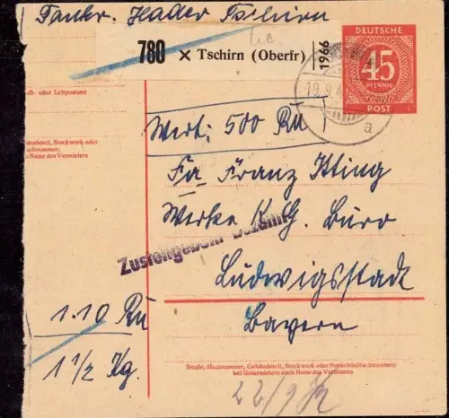 E 1571 Ganzsache P 955 I Stammteil  einer Notpaketkarte aus Tschirn Oberfranken