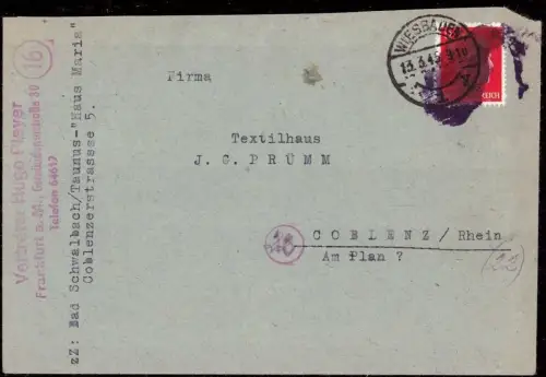 E 1729 Überroller 1945, von der Front überrollter Brief aus Wiesbaden - Gosla