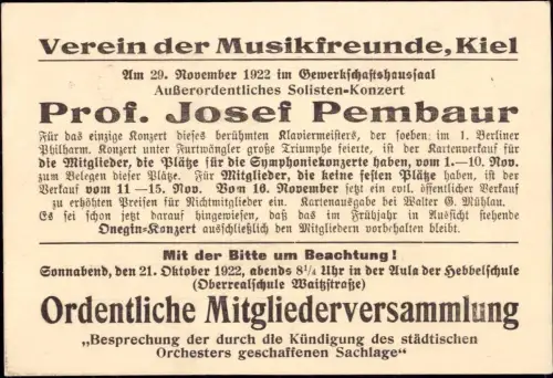 70006, Postkarte, Musikfreunde Kiel, Konzert Josef Pembaur, Postfreistempe