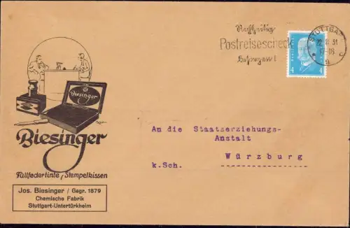 E 343, Brief Werbung Tinte, Füllfederhalter, Stuttgart, Untertürkheim sign. Bgt