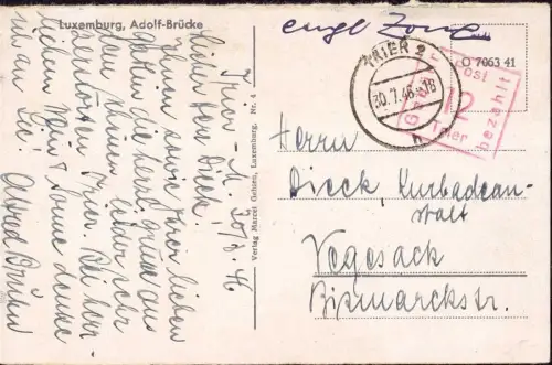 E 1389 Gebühr Bezahlt von Trier ungewöhnlich auf Ansichtskarte 1946