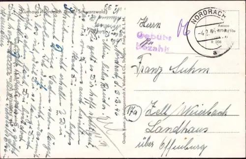 E 1390 Französische Zone Gebühr Bezahlt von Nordrach auf Ansichtskarte