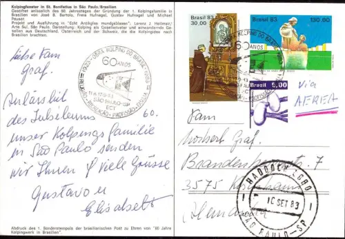 E 357, Kolping, Karte mit Sonderstempel vom 60. Jubiläum in Sao Paulo, Brasilien