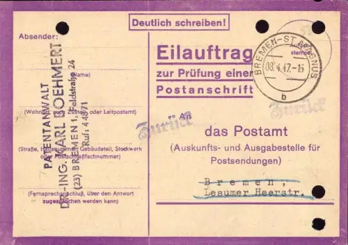E 1397 Eilauftrag zur Prüfung einer Postanschrift, Bremen altes Formular 1947