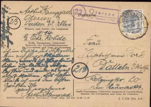E 1400 Landpoststempel Otersen über Verden Aller auf Postkarte 1947