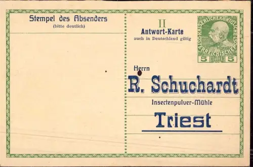 E 574 Österreeich Ganzsache Zudruck R. Schuchardt, Triest Insektenpulver, Chemie