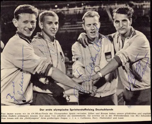E 1584 Zeitungsausschnitt mit original Autogrammen Olympiade Leichtathletik Gold