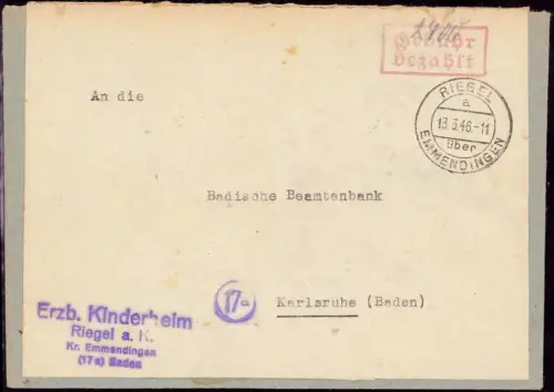 E 1349 Brief mit Gebühr Bezahlt Riegel über Emmendingen