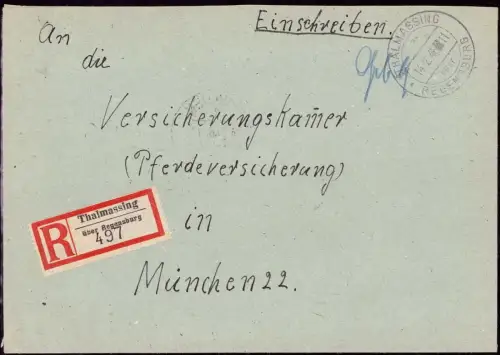 E 1352 Brief mit Gebühr Bezahlt Thalmassing über Regensburg