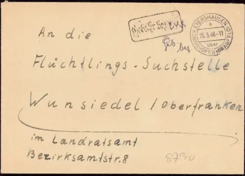 E 1366 Brief mit Gebühr Bezahlt Eyershausen über Königshofen Grabfeld