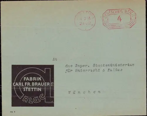 E 602 Pommern Firmenbrief Fabrik Brauer Stettin mit Postfreistempel arlac Design