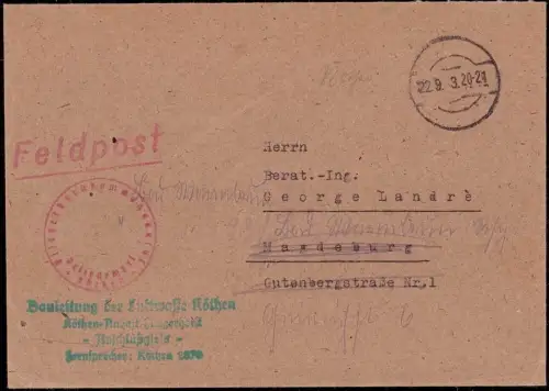 E 989 Feldpost Bauleitung der Luftwaffe Fliegerhorst Köthen