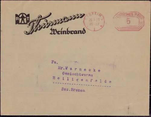 E 606 Pommern Geschäftsbrief Brennerei Thürmann Stettin Szczecin mit Freistempel