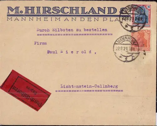 E 389 Firmenlochung Perfins, Hirschland, Mannheim