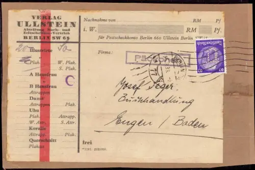 E 393 Firmenlochung Perfins, Packchenausschnitt 40 Pfg, EF 95,- Ullstein, Berlin