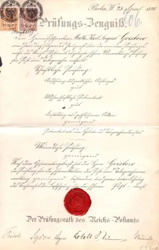 E 993G dekoratives Prüfungszeugnis der Reichspost von 1896 mit Siegel