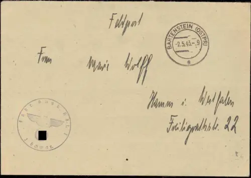 E 613 Ostpreussen Feldpost aus Bartenstein Bartoszyce