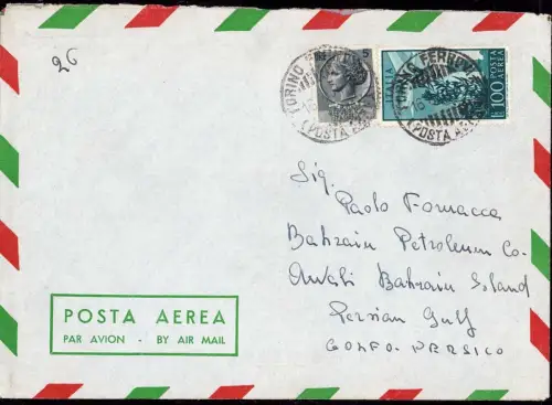 E 1222 Luftpostbbrief aus Turino Italien nach Bahrain 1954, Erdöl