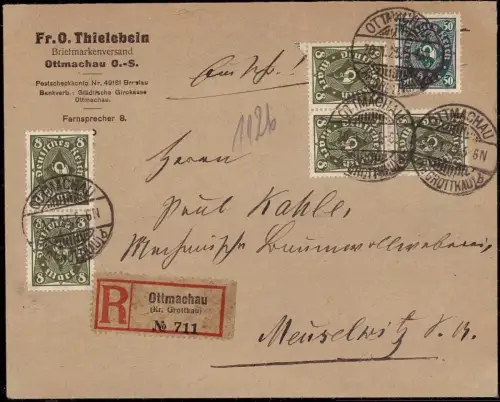 E 1007 Oberschlesien Einschreiben Thielebein Ottmachau Kreis Grottkau Infla