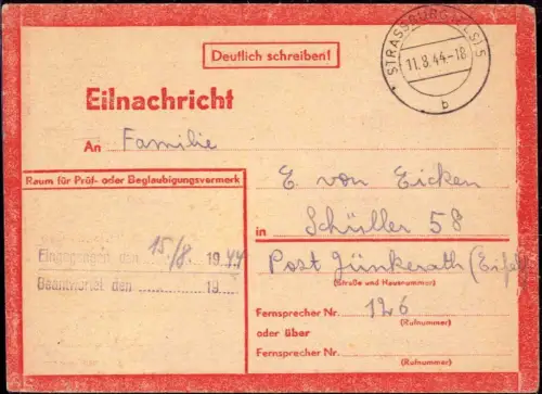 E 1045 Eilnachricht, Strasbourg,  Bombenangriff der Alliierten vom 11.8.1944