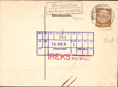 E 401 Schlesien, Landpost Großgohlau über Breslau Deutsch Lissa, Wrocław, Perfin