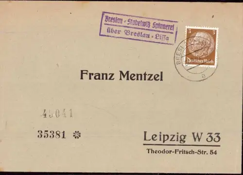 E 402 Schlesien, Landpost Stabelwitz Spinnerei über Breslau Lissa, Wrocław,