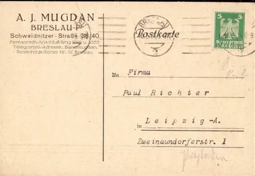E 424 Firmenlochung Perfins, A. J. Mugdan, Schlesien, Breslau, Wroclaw