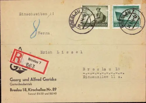 E 427 Schlesien, Einschreiben Breslau Wrocław, Gartenbau Gericke