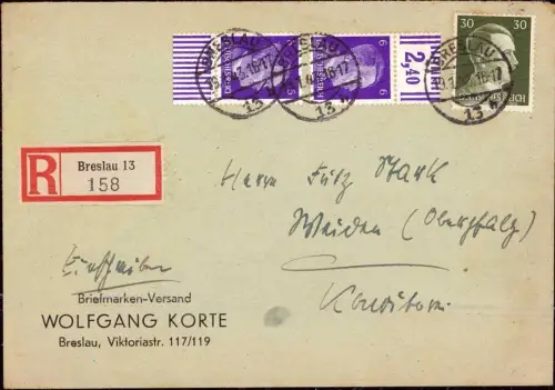 E 429 Schlesien, Einschreiben Breslau Wrocław, Briefmarkenversand Korte