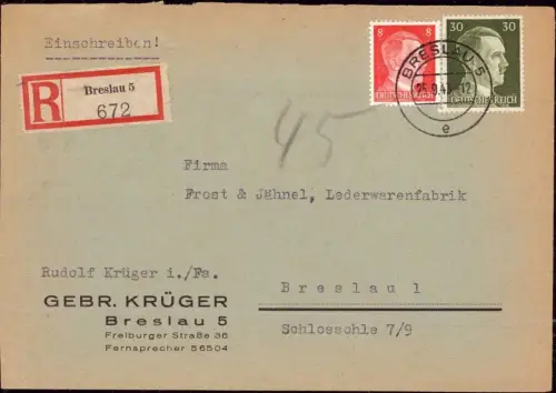 E 430 Schlesien, Einschreiben Breslau Wrocław, Gebrüder Krüger