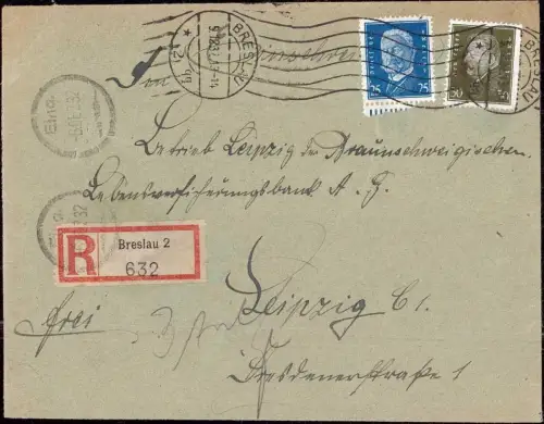 E 431 Schlesien, Einschreiben Breslau Wrocław, Handrollstempel