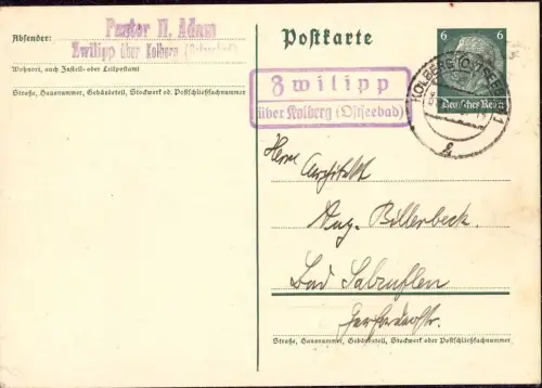 E 625 Pommern Postkarte Landpoststempel Zwilipp über Kolberg Świelubie Kołobrzeg
