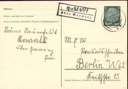 E 626 Pommern Postkarte Landpoststempel Konwalk über Gramenz Grzmiąca Szczecinek