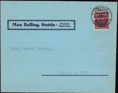 E 627 Pommern Inflation Brief der Firma Max Belling Stettin Neutorney