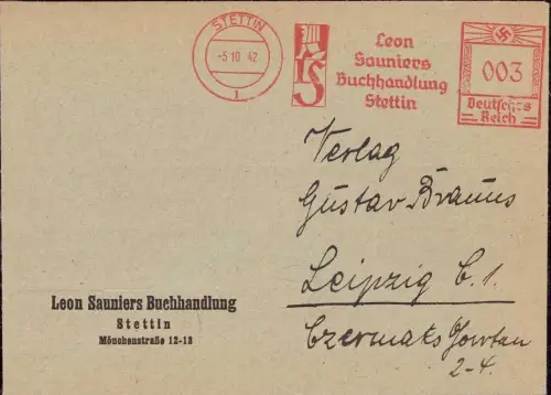 E 629 Pommern Stettin Szczecin Geschäftsbrief Buchhandlung Sauniers Freistempel