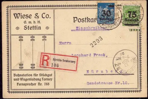 E 630 Pommern Stettin Neutorney Szczecin Inflation Postkarte Einschreiben