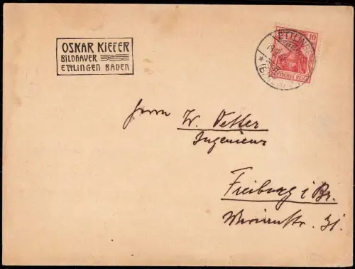 E 1785 Ettlingen, Baden Geschäftsbrief Bildhauer Oscar Kiefer von 1906