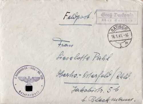 E 1790 Oberschlesien, Feldpostbrief aus Groß Darkowitz über Ratibor 