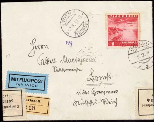 E 1827 Österreich Luftpost  Brief 1937 frankiert mit 1 Schilling aus Mariazell