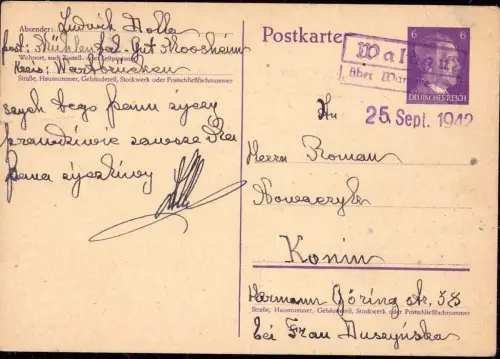 E 650 Notstempel Landpoststempel Waldau über Wartbrücken, Kolo Polen Wartheland