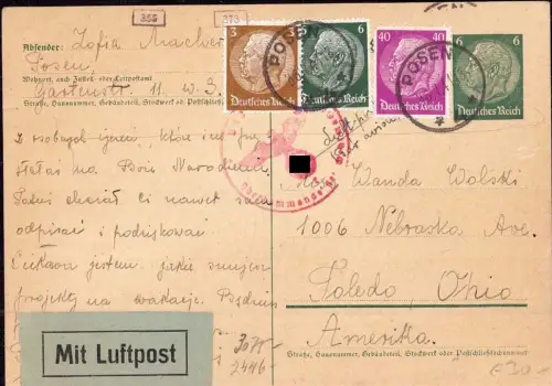 E 88, Westpreussen, Ganzsache aus Posen Per Luftpost nach USA