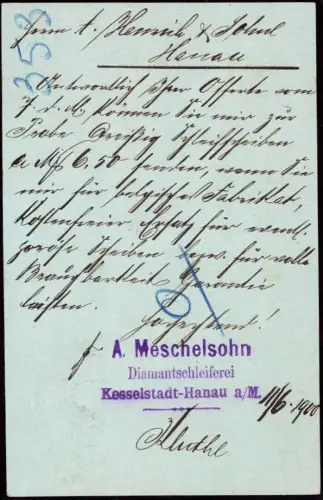 E 733 Kesselstadt Hanau Gescäftskarte der Diamantschleiferei Meschelsohn